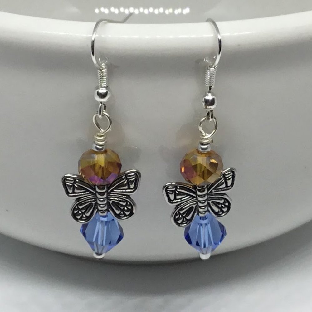 Blue & Gold Crystal w Butterfly Earrings